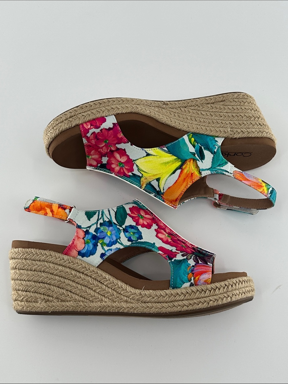 Corkys White Floral Espadrille Wedge Sandals with Pink & Yellow Accents - Picture 3 of 4